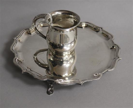 A 1980s silver salver and an earlier silver christening mug, 14 oz.